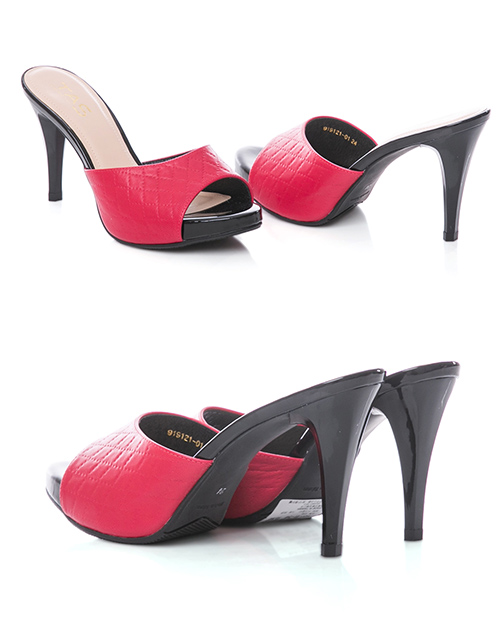 TAS 質感菱格紋羊皮高跟涼拖鞋-熱情紅