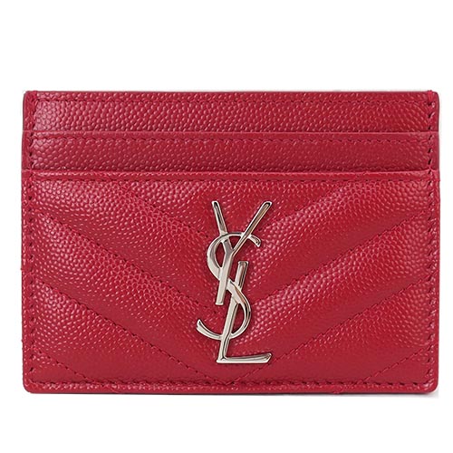 YSL MONOGRAM系列V字縫線魚子醬牛皮銀釦名片夾(紅)