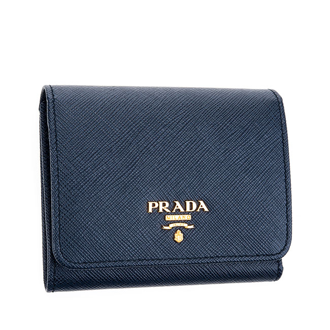 PRADA 經典浮雕金字LOGO十字紋防刮牛皮扣式三折短夾 (深藍)