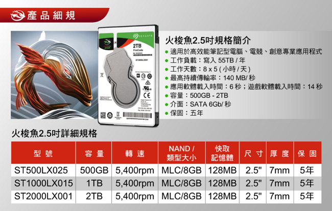 Seagate新梭魚BarraCuda 2TB 2.5吋硬碟