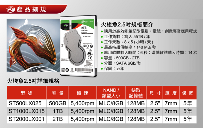 Seagate新梭魚BarraCuda 500GB 2.5吋硬碟5400轉