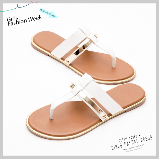 River&Moon中大尺碼-金屬皮革T字夾腳金邊涼拖鞋-白