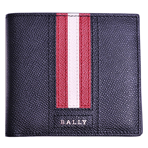 BALLY TRASAI 金屬品牌字母LOGO 紅白條紋八卡短夾(黑)