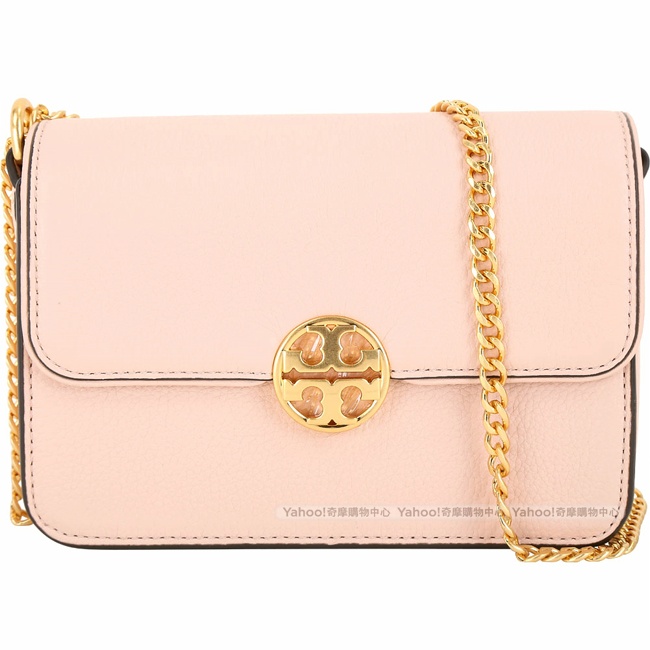 TORY BURCH Chelsea 迷你款 黃銅雙T荔紋牛皮鍊帶包(粉杏色)