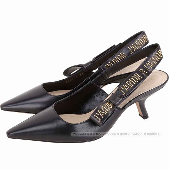 Dior JADIOR 字母鉚釘小羊皮蝴蝶結跟鞋(黑色)