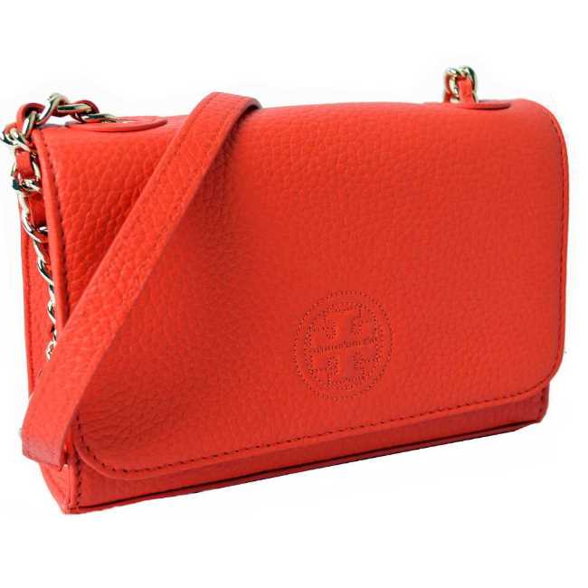 TORY BURCH BOMBE 縫線LOGO荔枝紋掀蓋式mini金屬鍊帶斜背包-珊瑚橘