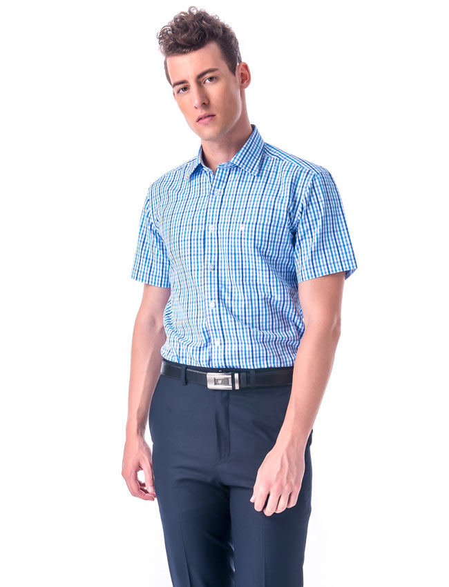 金‧安德森 藍色小格紋窄版短袖襯衫