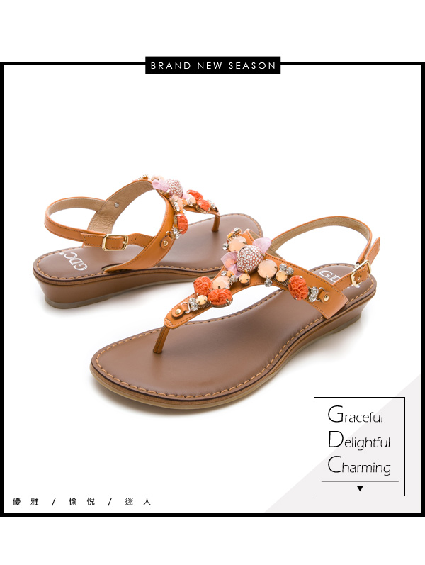 GDC-真皮夏日海洋風寶石涼鞋-橘色