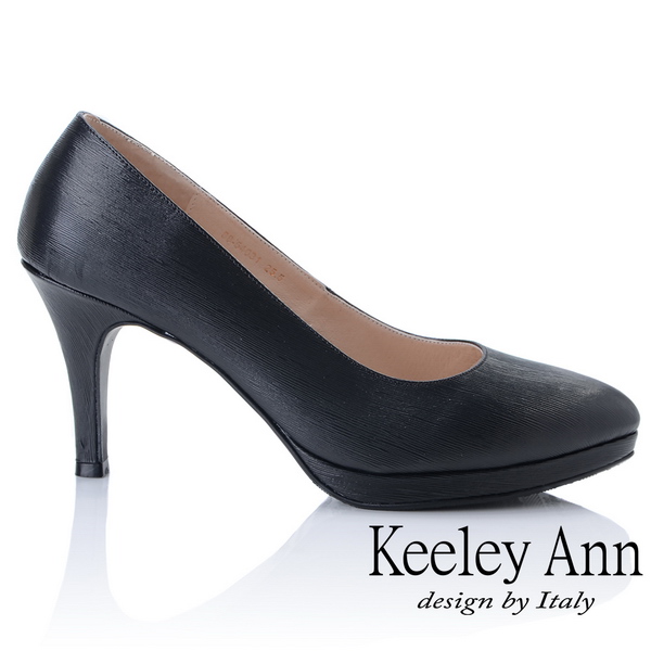 Keeley Ann 簡約美學~OL素面壓紋質感全真皮高跟鞋(黑色-Ann)