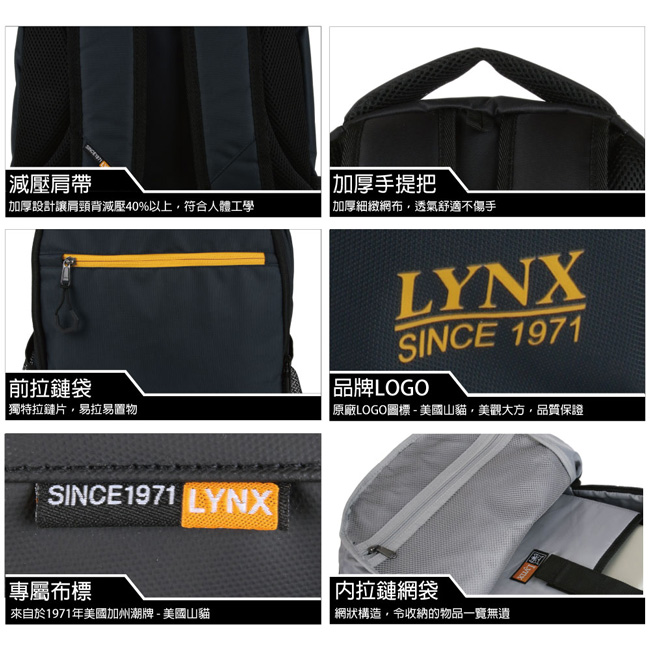 【LYNX】美國山貓運動休閒多隔層機能後背包-深藍色