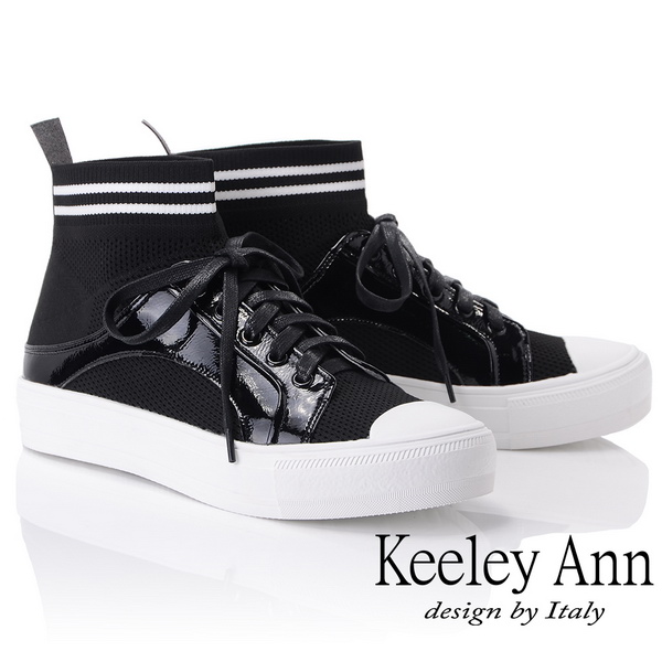 Keeley Ann 簡約百搭~襪子式橫條紋中筒透氣休閒鞋(黑色-Ann)