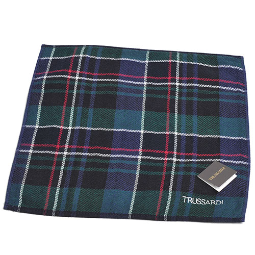 TRUSSARDI 正方格圖紋字母刺繡LOGO小方巾(綠格)