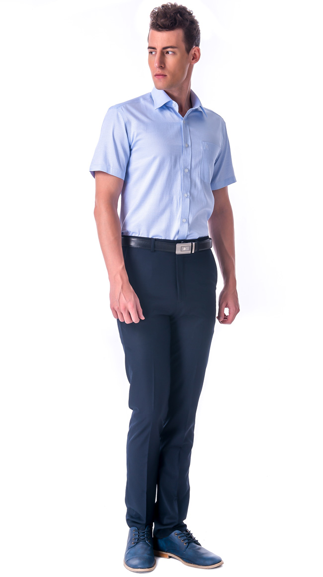 金‧安德森 藍色細格紋窄版短袖襯衫