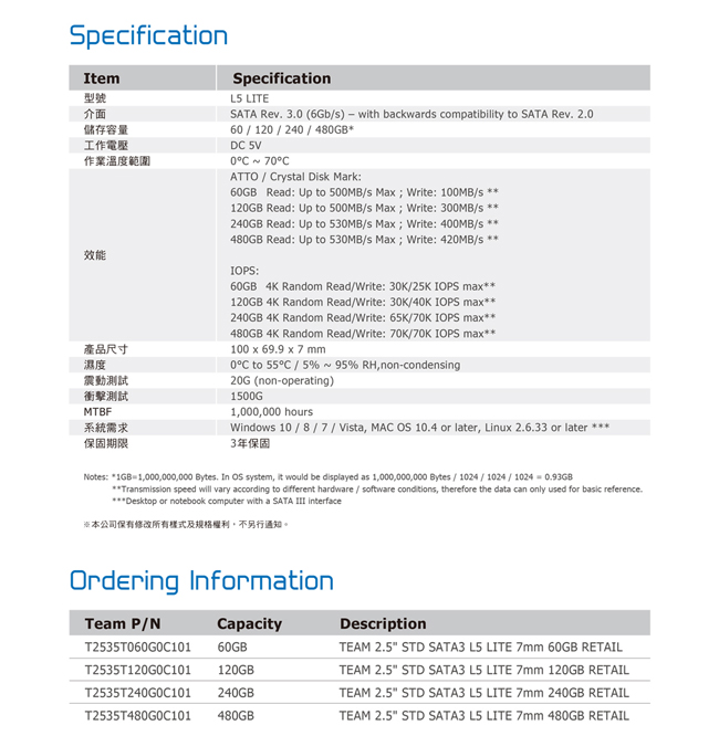 TEAM十銓 L5 Lite 480GB 2.5吋 SSD固態硬碟