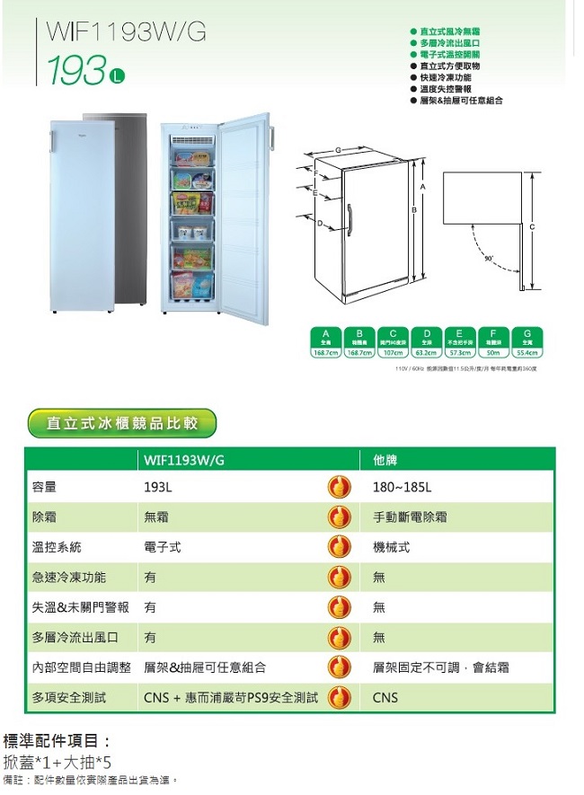 Whirlpool惠而浦 193L 風冷式冷凍櫃 WIF1193G