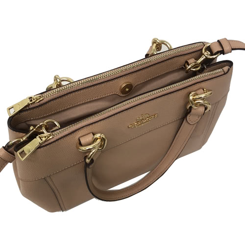 COACH 立體金屬LOGO全皮革手提斜背兩用小方包托特包(中款-粉膚)