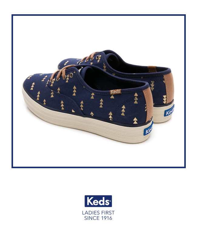 Keds TRIPLE 森林圖騰綁帶厚底休閒鞋-藍色