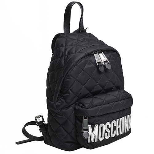 MOSCHINO 品牌銀色字母LOGO圖騰尼龍菱格紋後背包(小/黑)