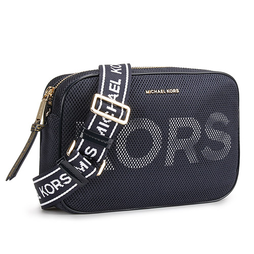 MICHAEL KORS 大LOGO字樣洞洞網狀漆皮革斜背立體方包-大/海軍藍色