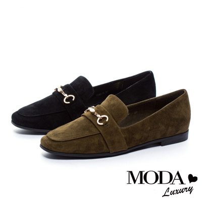 平底鞋 MODA Luxury經典英倫金屬釦全真皮樂福平底鞋－黑