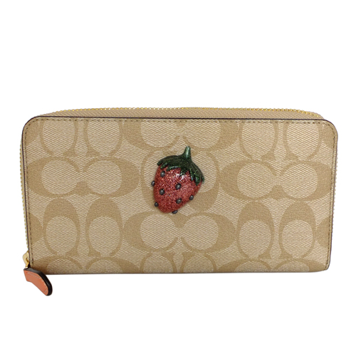 COACH淺卡C Logo立體草莓貼飾拉鍊長夾