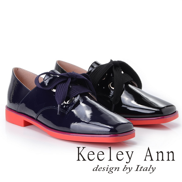 Keeley Ann 個性玩酷~視覺系拼接綁帶方頭低跟漆皮鞋(黑色-Ann)