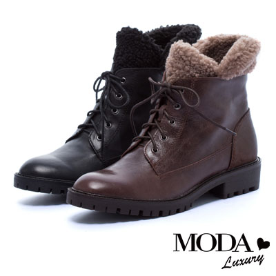 中筒靴 MODA Luxury 街頭率性毛毛拼接牛皮綁帶中筒軍靴－黑