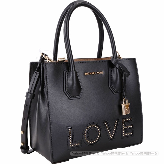 Michael Kors Mercer LOVE 中型鉚釘綴飾雙層手提肩背包(黑色)
