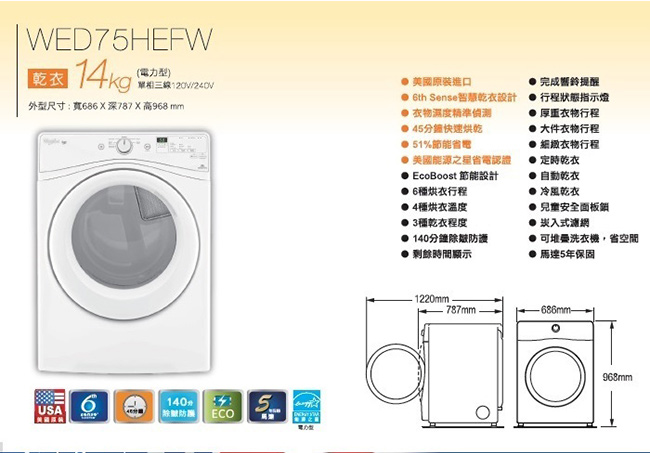 Whirlpool惠而浦 14KG 電力型滾筒乾衣機 WED75HEFW右開 展碁代理