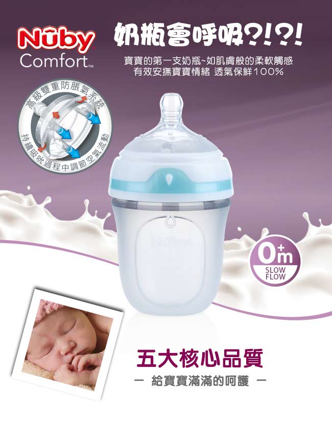 美國 Nuby Comfort 寬口徑防脹氣矽膠奶瓶 150ml (附慢流量奶嘴-圓孔)