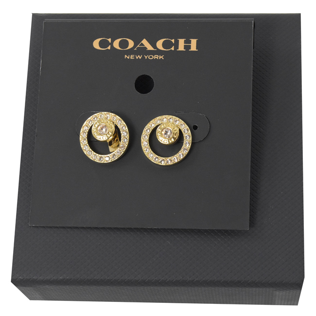 COACH 烙印LOGO圓型小水鑽雙圓耳環(金色)