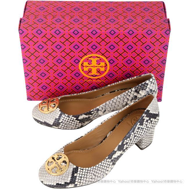 TORY BURCH Chelsea 黃銅標誌灰白蛇紋牛皮粗跟鞋