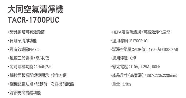 TATUNG大同 6坪 負離子空氣清淨機 TACR-1700PUC