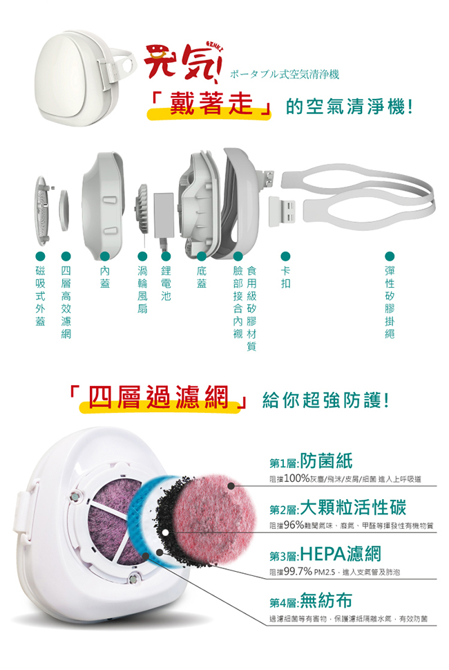 日本BMXrobot Genki 元氣二號口罩型 空氣清淨機(四色)