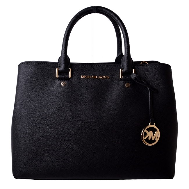 MICHAEL KORS SAVANNAH金字LOGO防刮牛皮三層手提/斜背包-黑