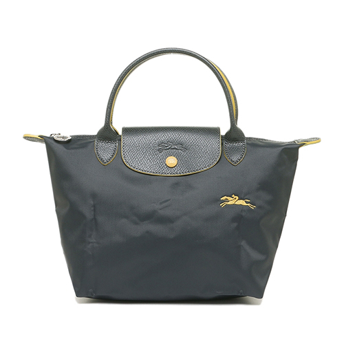 LONGCHAMP Le Pliage系列經典刺繡LOGO短提把手提包(小)鐵灰色