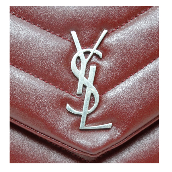 YSL SAINT LAURENT 牛皮斜扁包(酒紅色)