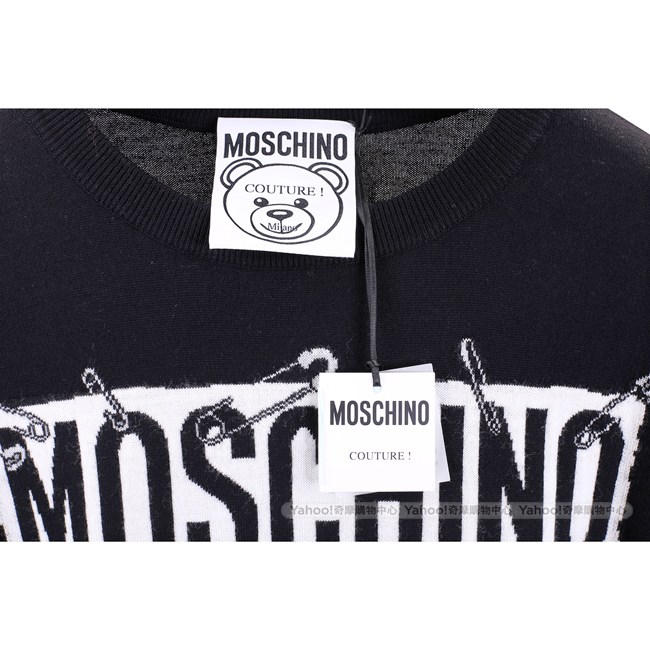 MOSCHINO 別針泰迪熊印花黑色長版羊毛衫