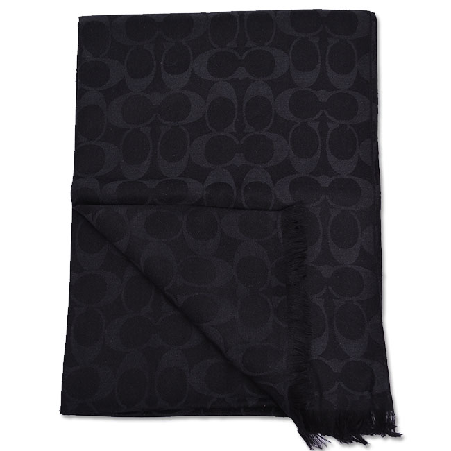 COACH 大C 滿版Logo羊毛混絲流蘇寬版披肩式薄圍巾-經典黑