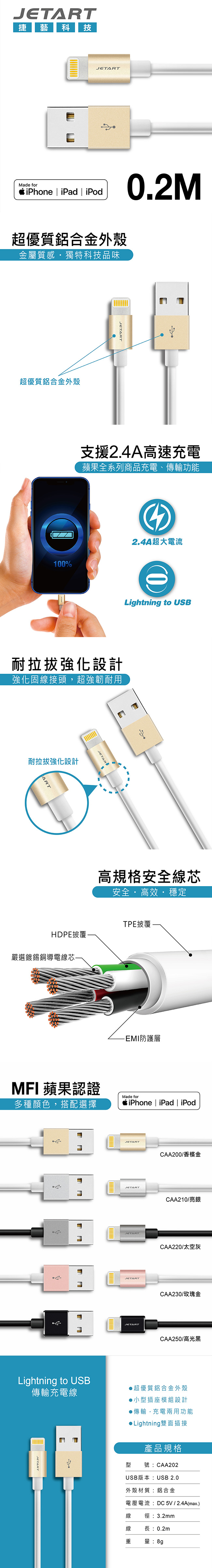 JETART Lightning to USB充電傳輸線 20公分