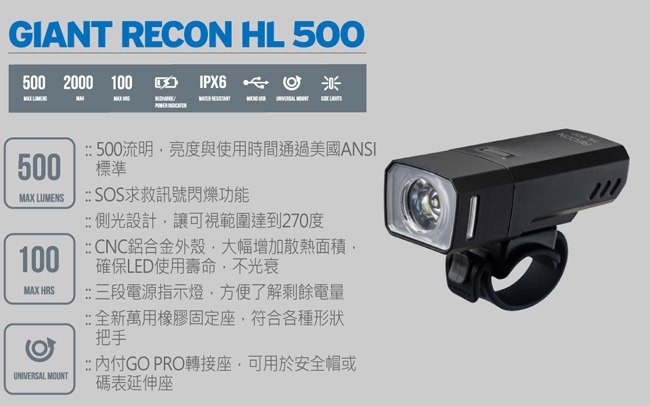 GIANT RECON HL 500流明,充電型前燈(黑)