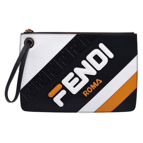 FENDI MANIA系列品牌LOGO牛皮拉鍊手拿包(中-黑X黃)