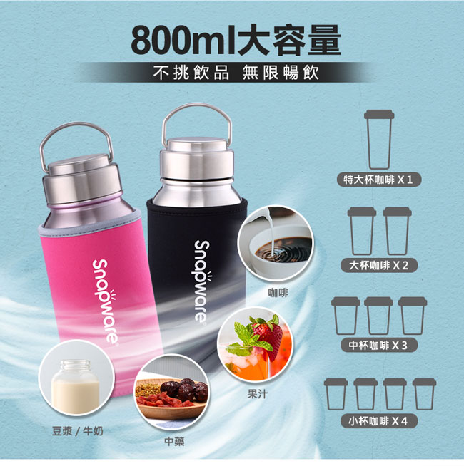 康寧Snapware 陶瓷不鏽鋼超真空保溫運動瓶800ml-兩入組(三款可選)