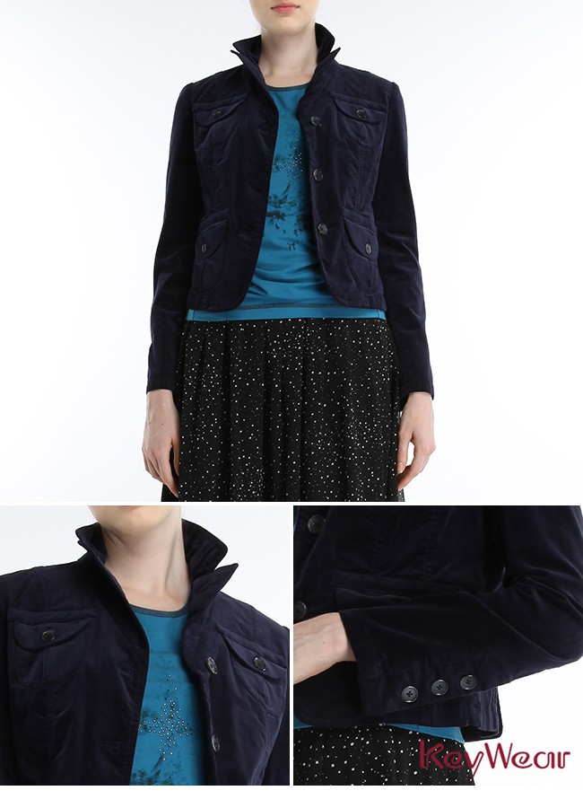 KeyWear奇威名品古典絨布合身窄腰短版西裝外套-深藍色