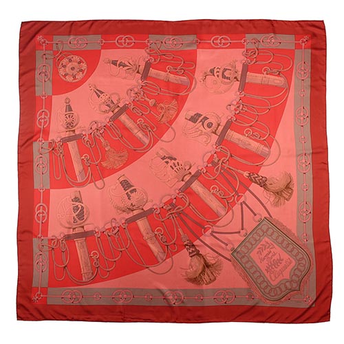 HERMES CLIQUETIS 劍柄馬具真絲披肩方型大絲巾圍巾-紅色