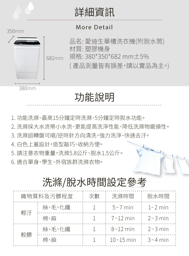 EDISON 愛迪生-超都會型5.8公斤洗/脫二合一洗滌機-幾何黑E0001-B58