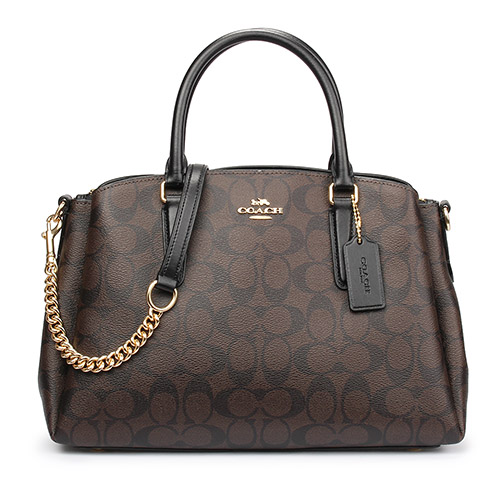 COACH 經典滿版LOGO PVC皮革金屬鏈帶手提/側背兩用三層黛妃包-大-深咖色