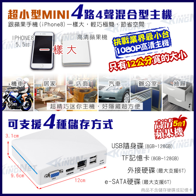 KINGNET 監視器 AHD 1080 4路插卡MINI主機DVR 監控主機