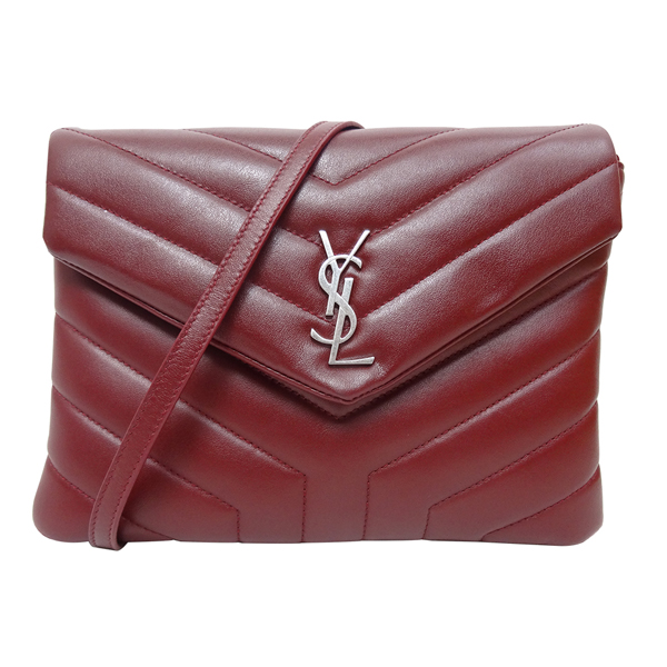 YSL SAINT LAURENT 牛皮斜扁包(酒紅色)