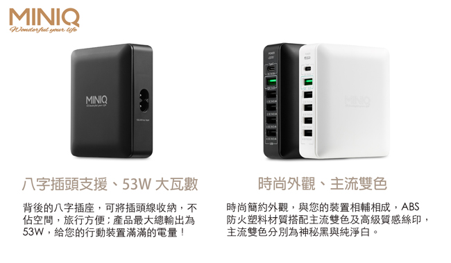 MINIQ 6孔大電流 Type-C USB 3合1多介面快速充電器 旅充頭